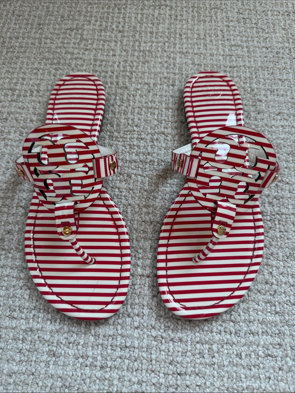 Tory Burch Striped Red and White Miller Sandals. Size 9